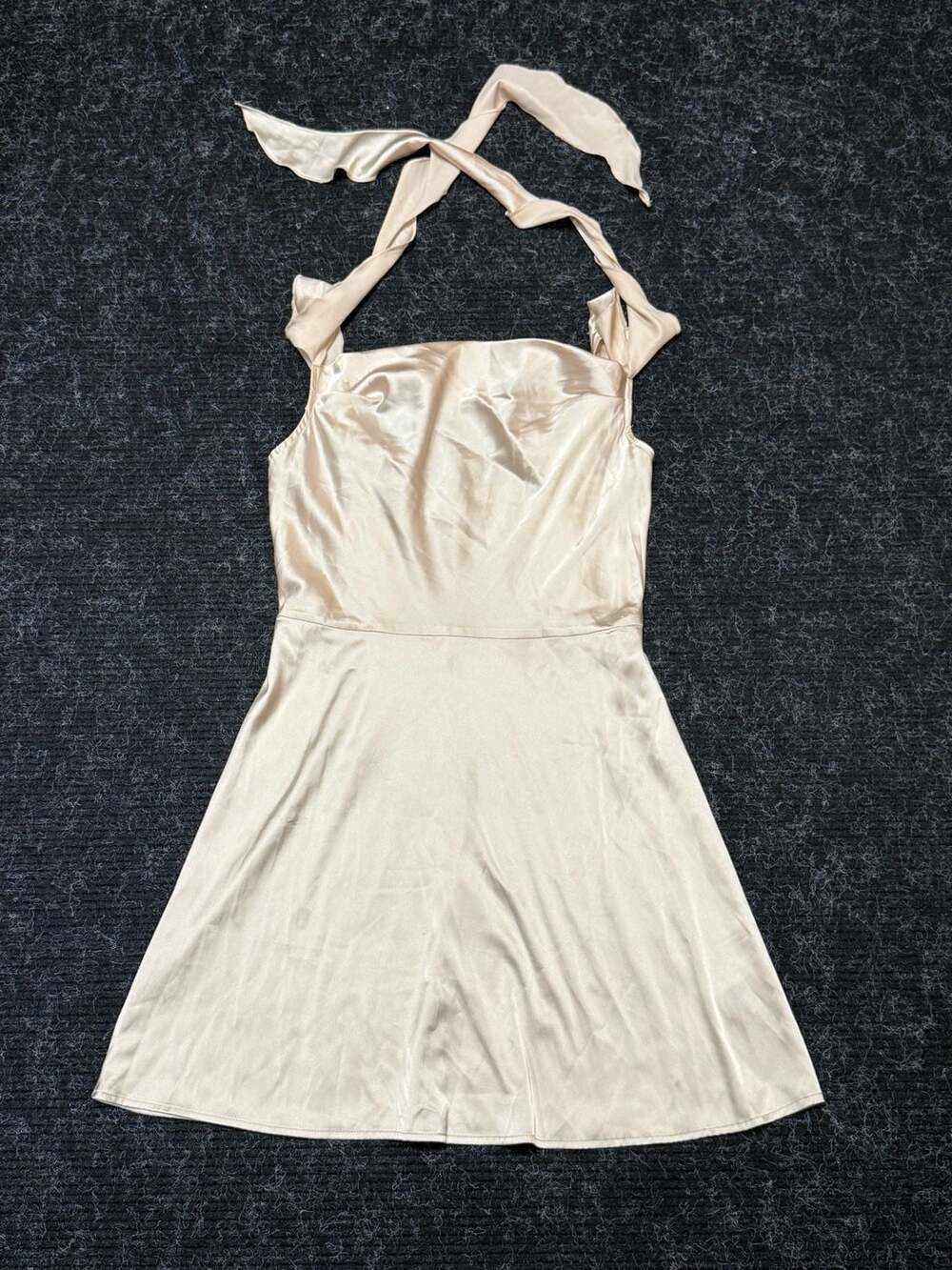 Fairy Boho Cottagecore Coquette Cider Satin Halter Ruffle Hem Mini Dress Champag